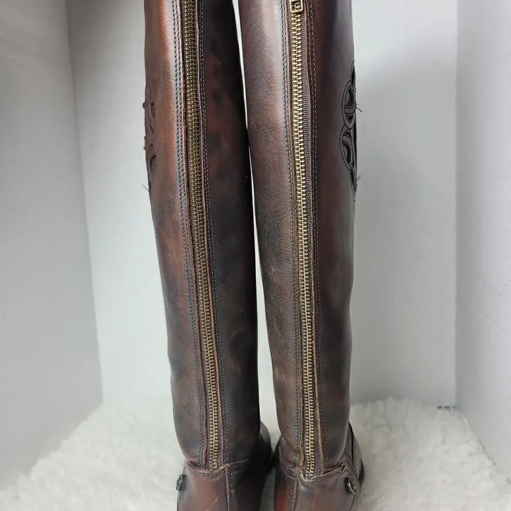 Frye Lindsay Womens Boots Size 8.5 Logo Embroidered Brown Riding Back Side Zip